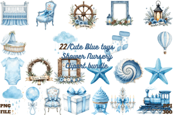 Cute Blue Toys Shower Nursery Clipart: Elevating Baby Boy Designs with High-Resolution Digital Art