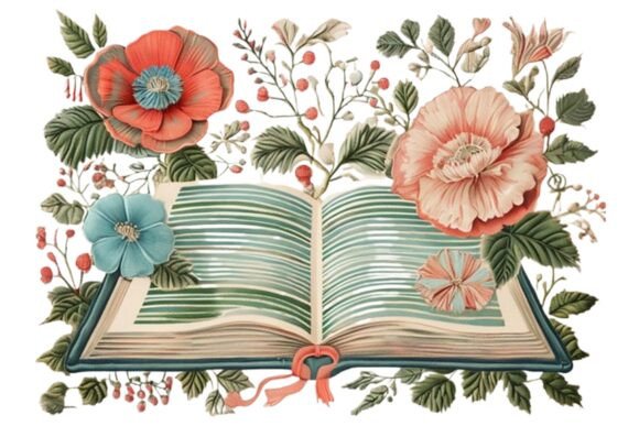 Ornate Open Book Surrounded by Flowers
